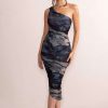 Dresses * | Late Night | Brown And Blue Print Asymmetric One Shoulder Ruched Midi Dress Club L London Top Selling