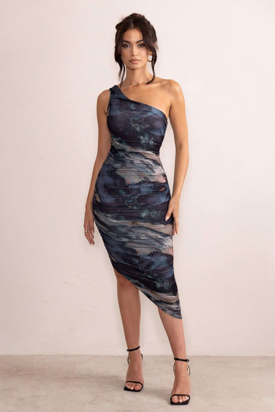 Dresses * | Late Night | Brown And Blue Print Asymmetric One Shoulder Ruched Midi Dress Club L London Top Selling