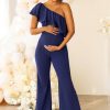 Maternity * | The Sweetest Gift | Navy Maternity One Shoulder Ruffle Jumpsuit Club L London Online