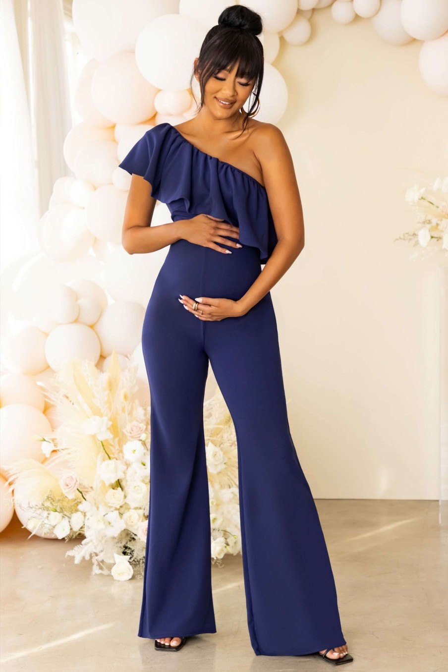 Maternity * | The Sweetest Gift | Navy Maternity One Shoulder Ruffle Jumpsuit Club L London Online