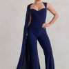 Clothing * | Vivi | Navy Asymmetric Cape Sleeve Jumpsuit Club L London Gift Selection