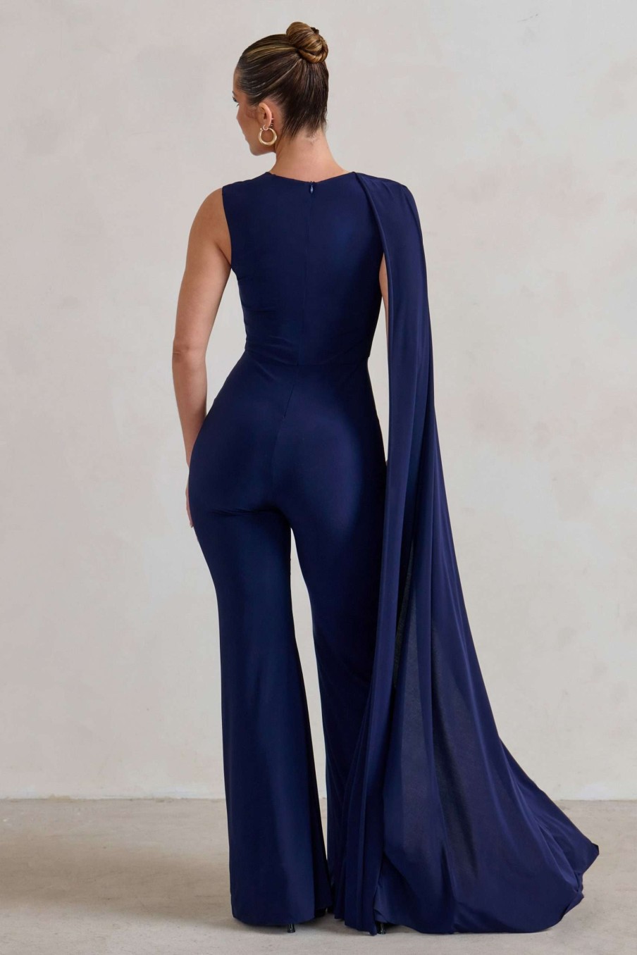 Clothing * | Vivi | Navy Asymmetric Cape Sleeve Jumpsuit Club L London Gift Selection