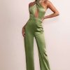 Clothing * | Lost Treasure | Olive Halter Neck Cut Out Wide Leg Jumpsuit Club L London Classical