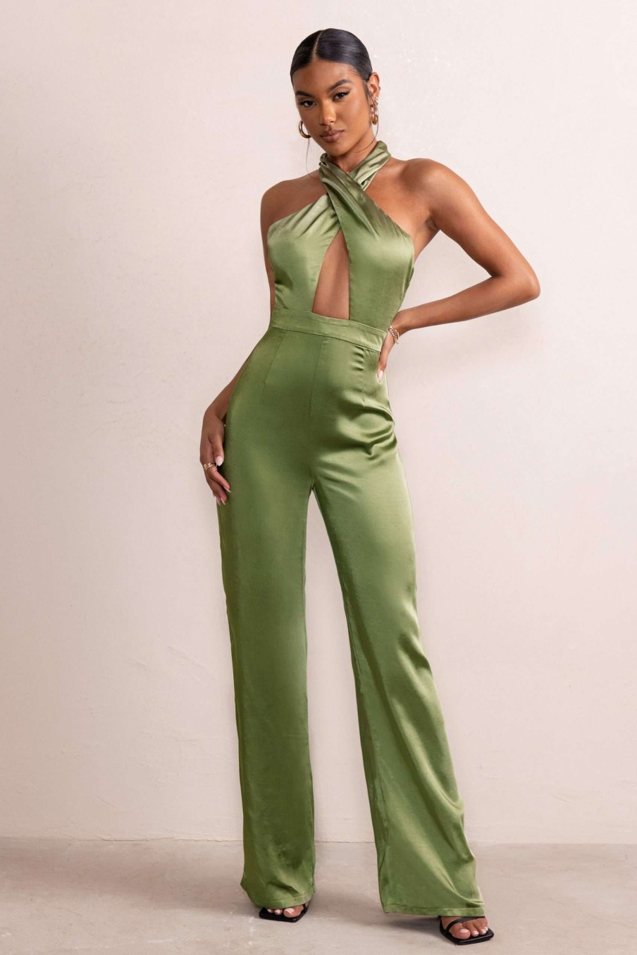 Clothing * | Lost Treasure | Olive Halter Neck Cut Out Wide Leg Jumpsuit Club L London Classical