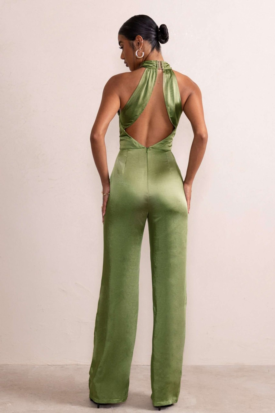 Clothing * | Lost Treasure | Olive Halter Neck Cut Out Wide Leg Jumpsuit Club L London Classical