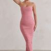 Dresses * | My Lady | Powder Pink Strapless Bodycon Ruched Mesh Maxi Dress Club L London Discount Online