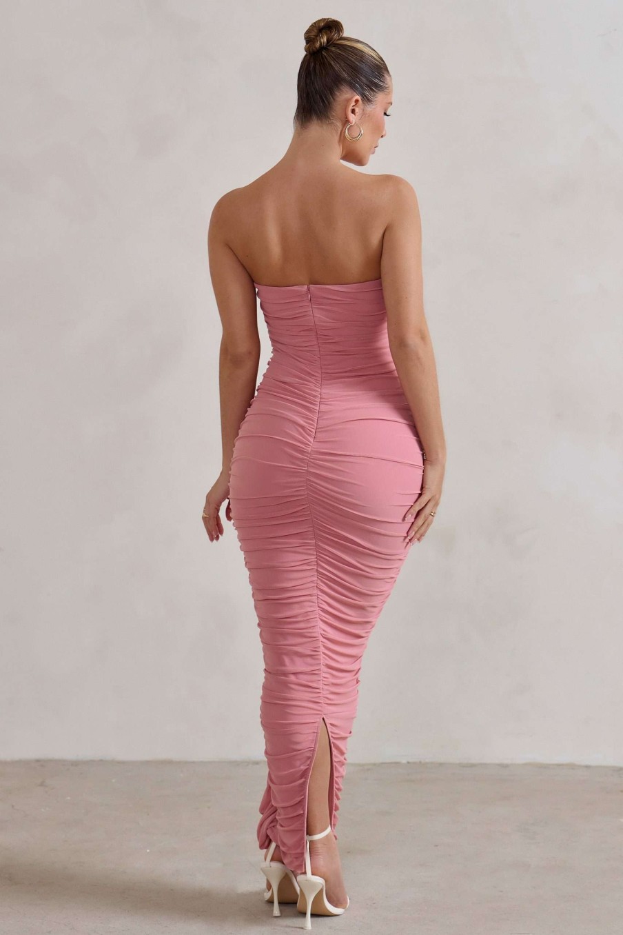 Dresses * | My Lady | Powder Pink Strapless Bodycon Ruched Mesh Maxi Dress Club L London Discount Online