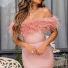 Dresses * | Pure Delight | Pink Bardot Feather Mini Dress Club L London Sale