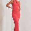 Maternity * | Alba | Coral Maternity Halter Asymmetric Maxi Dress With Cut Out Club L London Discount Sale