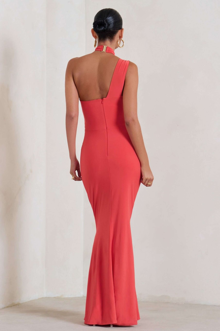 Maternity * | Alba | Coral Maternity Halter Asymmetric Maxi Dress With Cut Out Club L London Discount Sale