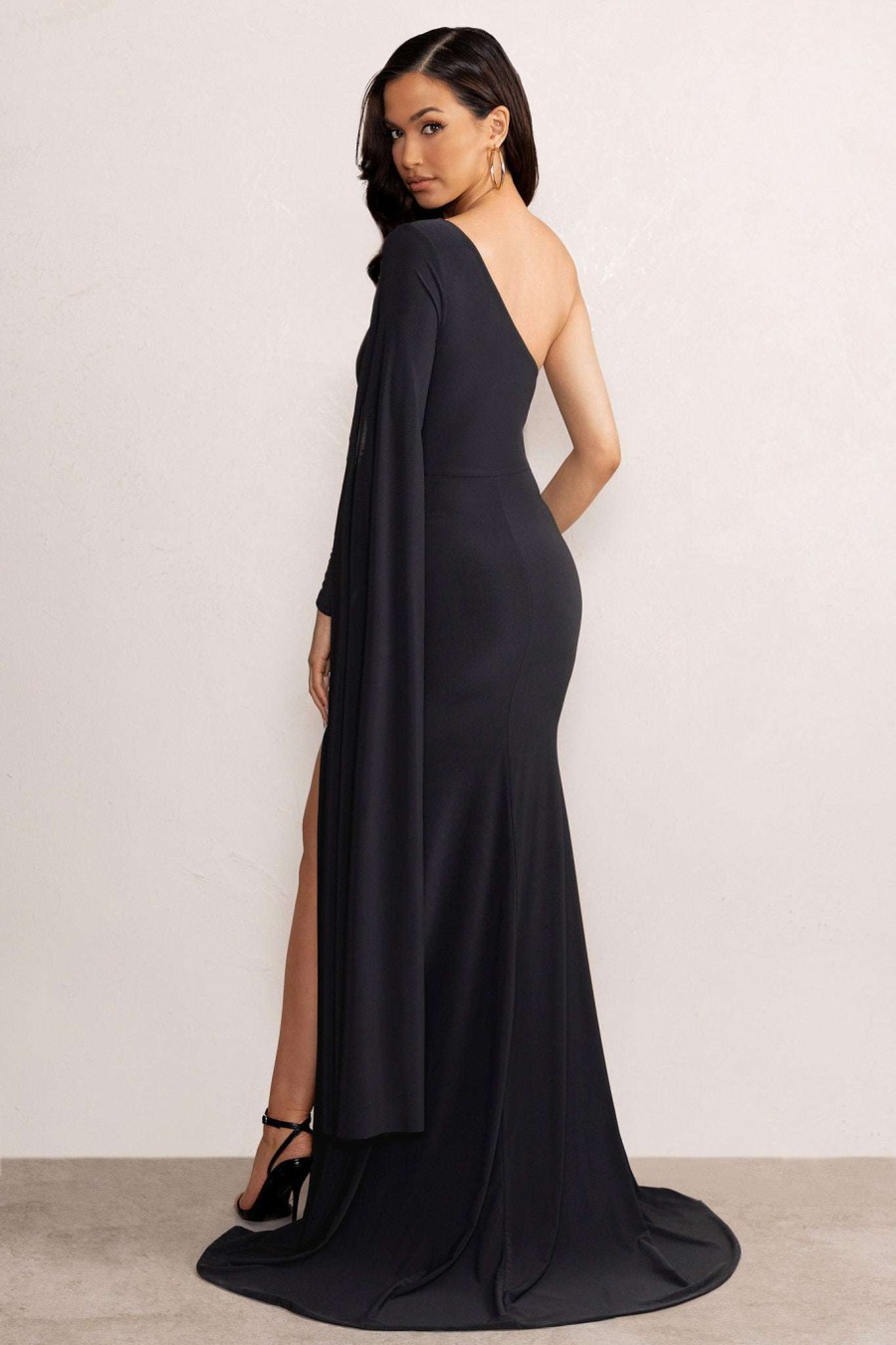 Dresses * | Taylor | Black One Sleeve Maxi Dress With Cape Detailing And Side Split Club L London Clearance Sale