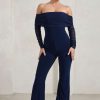 Clothing * | Whisper | Navy Ruched Mesh Bardot Jumpsuit Club L London Discount Online