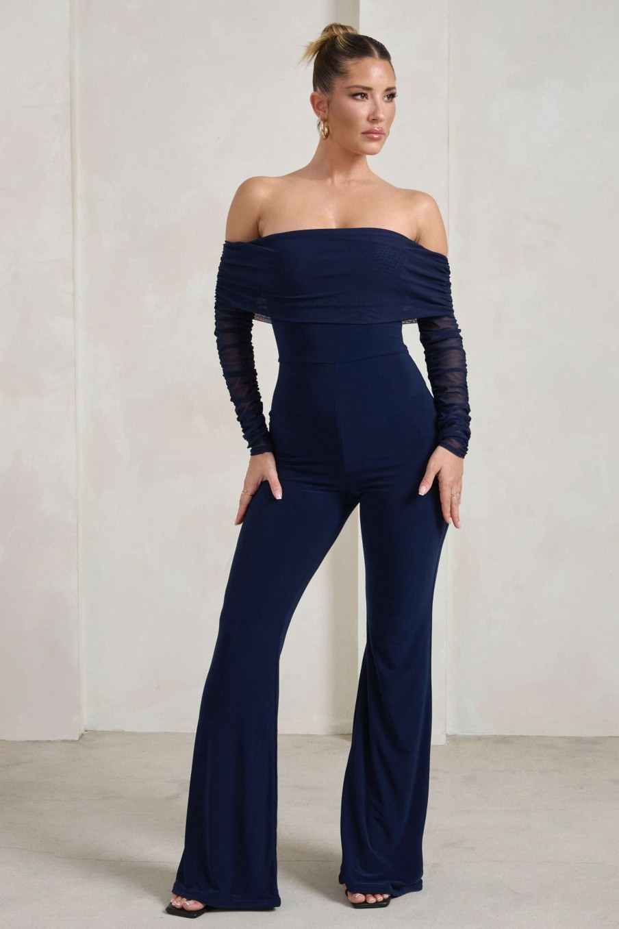 Clothing * | Whisper | Navy Ruched Mesh Bardot Jumpsuit Club L London Discount Online