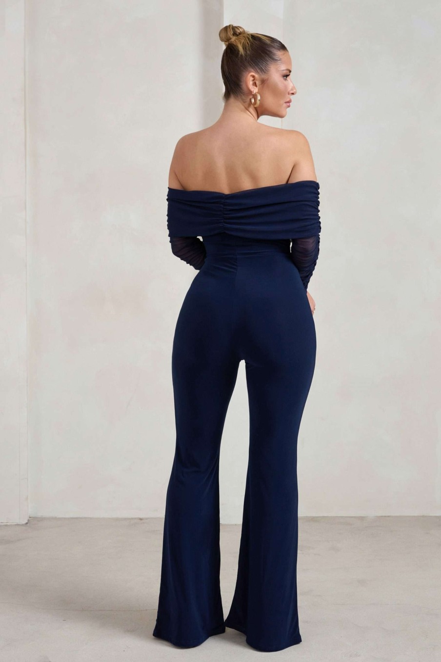 Clothing * | Whisper | Navy Ruched Mesh Bardot Jumpsuit Club L London Discount Online