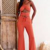 Clothing * | Call The Shots | Orange Halterneck Ruched Cut Out Jumpsuit Club L London Wholesale