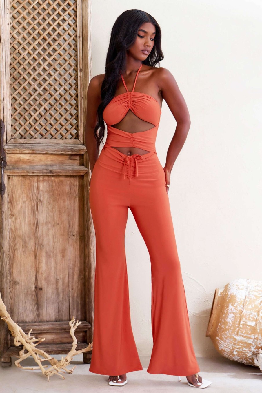 Clothing * | Call The Shots | Orange Halterneck Ruched Cut Out Jumpsuit Club L London Wholesale