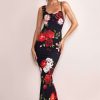 Dresses * | Phantasy | Black Floral Print Asymmetric Neckline Cowl Maxi Dress Club L London Featured