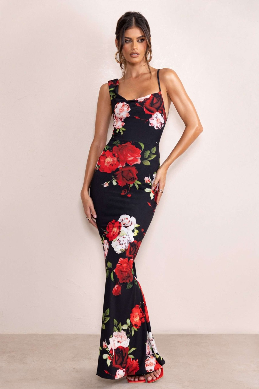 Dresses * | Phantasy | Black Floral Print Asymmetric Neckline Cowl Maxi Dress Club L London Featured