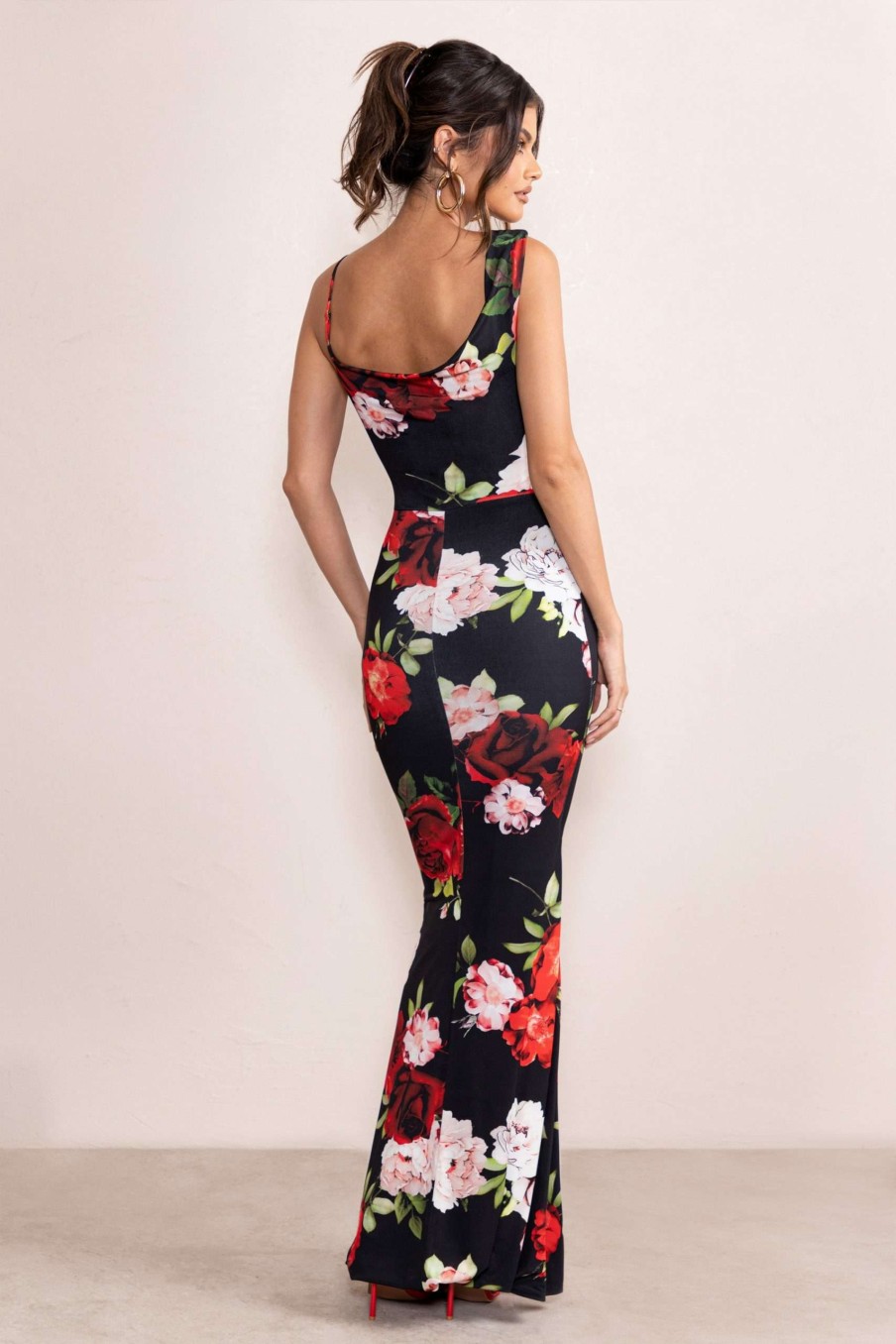 Dresses * | Phantasy | Black Floral Print Asymmetric Neckline Cowl Maxi Dress Club L London Featured