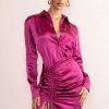 Dresses * | Francine | Orchid Satin Ruched Long Sleeve Shirt Mini Dress Club L London Promotions