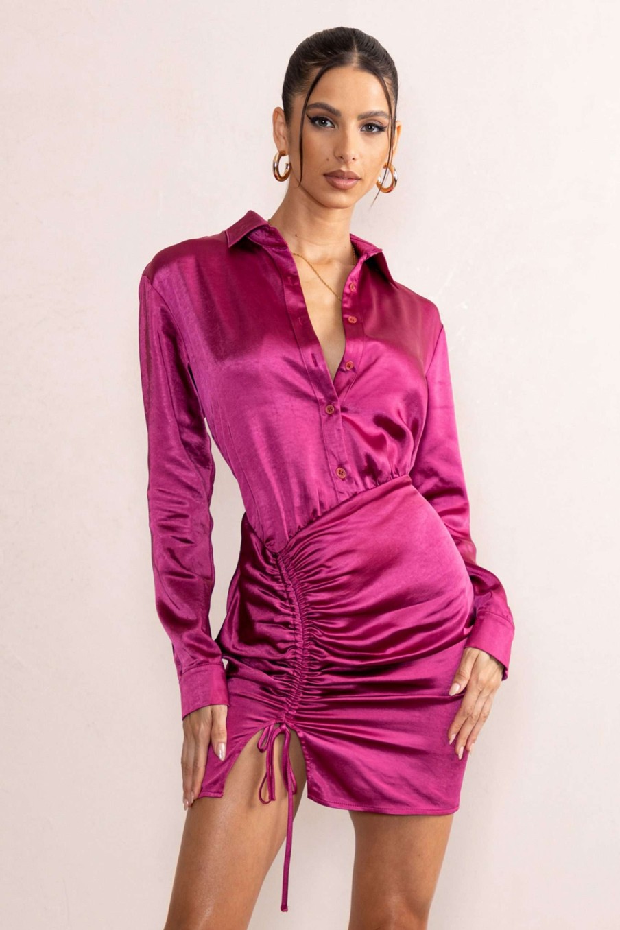 Dresses * | Francine | Orchid Satin Ruched Long Sleeve Shirt Mini Dress Club L London Promotions