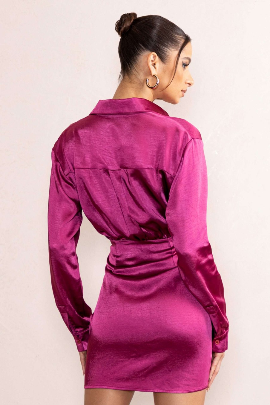 Dresses * | Francine | Orchid Satin Ruched Long Sleeve Shirt Mini Dress Club L London Promotions