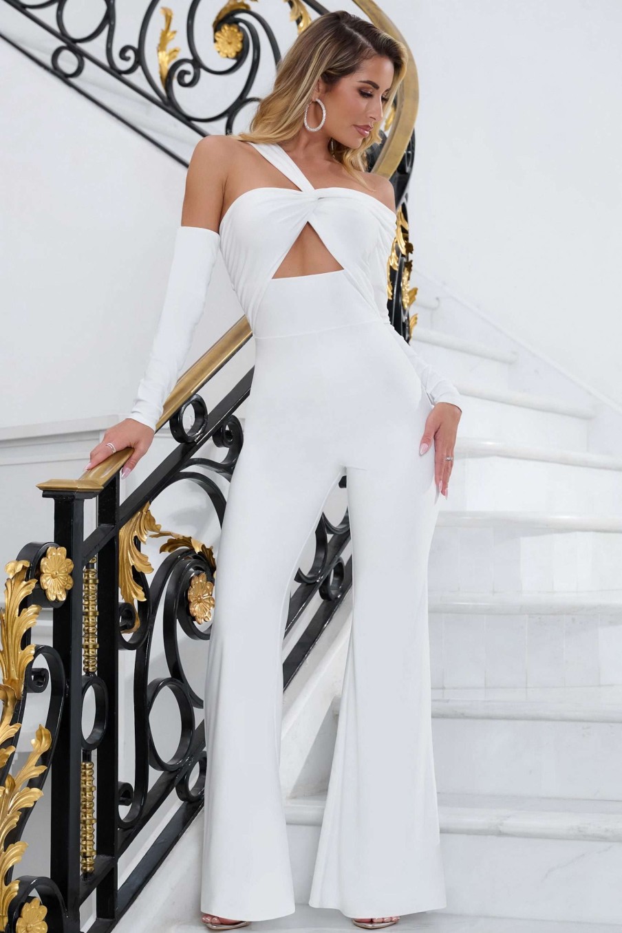 Clothing * | Rise Up | White Bardot Cut Out Jumpsuit Club L London Original