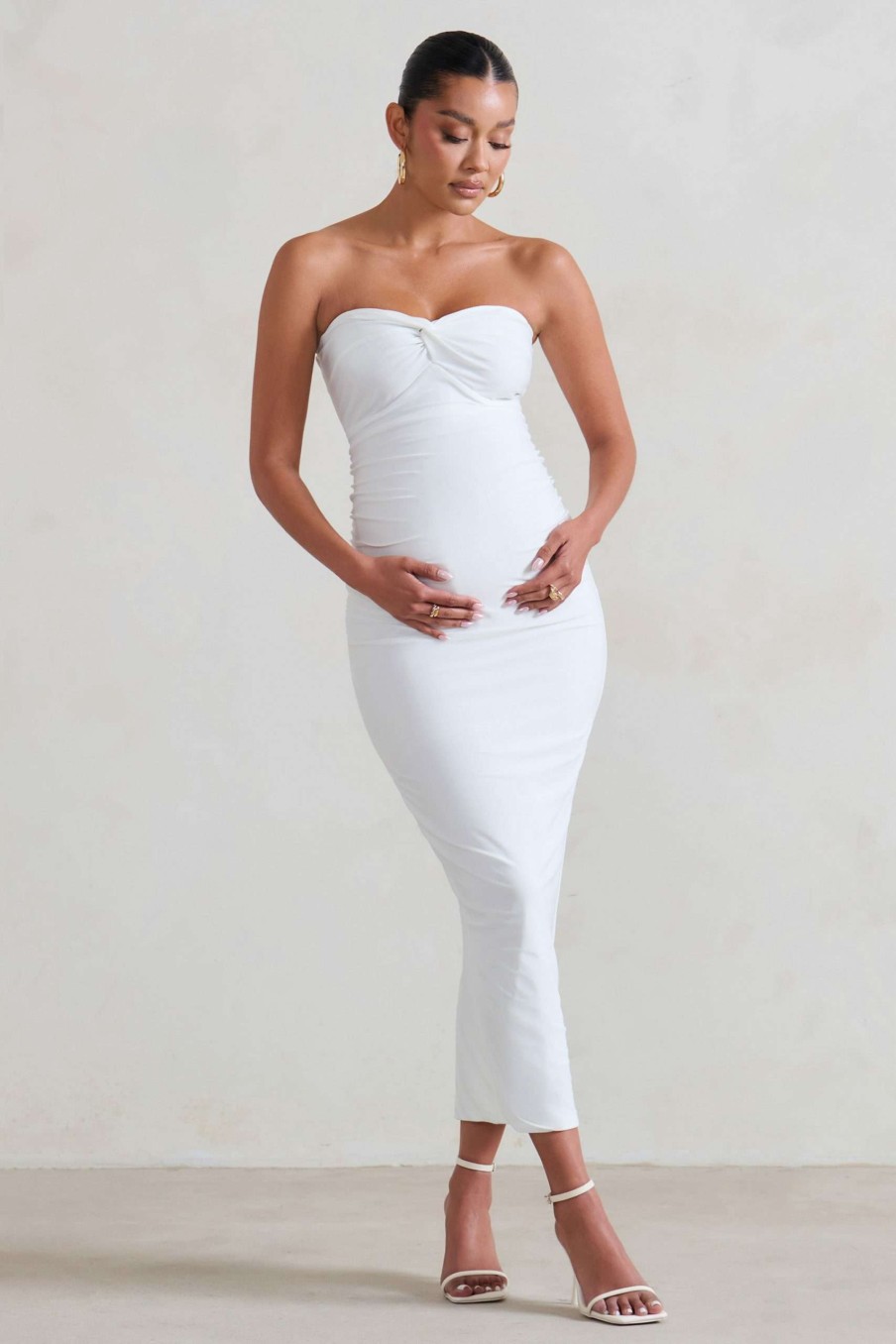 Maternity * | Evita | White Maternity Sweetheart Twist Detail Midi Dress Club L London Classical