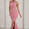 Dresses * | Jodie | Powder Pink Halterneck Fishtail Maxi Dress With Split Club L London Discount Store