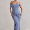 Dresses * | Tullulah | Blue Asymmetric Draped Maxi Dress With Split Club L London Special