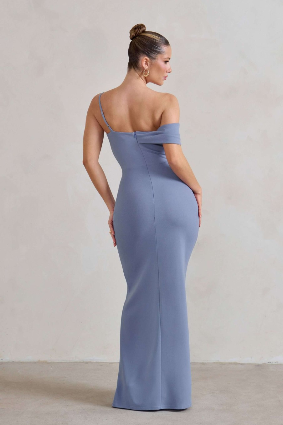 Dresses * | Tullulah | Blue Asymmetric Draped Maxi Dress With Split Club L London Special