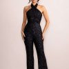 Clothing * | Josie | Black Sequin Halter Neck Flare Jumpsuit Club L London Lower Prices