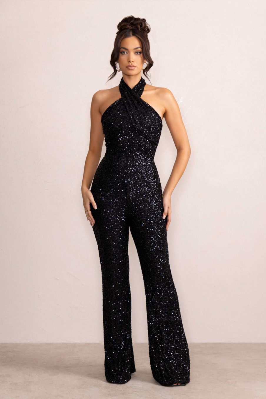 Clothing * | Josie | Black Sequin Halter Neck Flare Jumpsuit Club L London Lower Prices