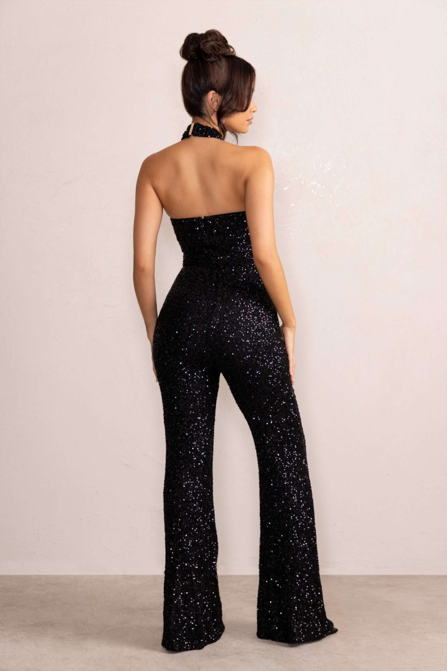 Clothing * | Josie | Black Sequin Halter Neck Flare Jumpsuit Club L London Lower Prices