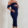 Maternity * | Plus One | Navy Ruched Bardot Midi Dress Club L London Top Selling