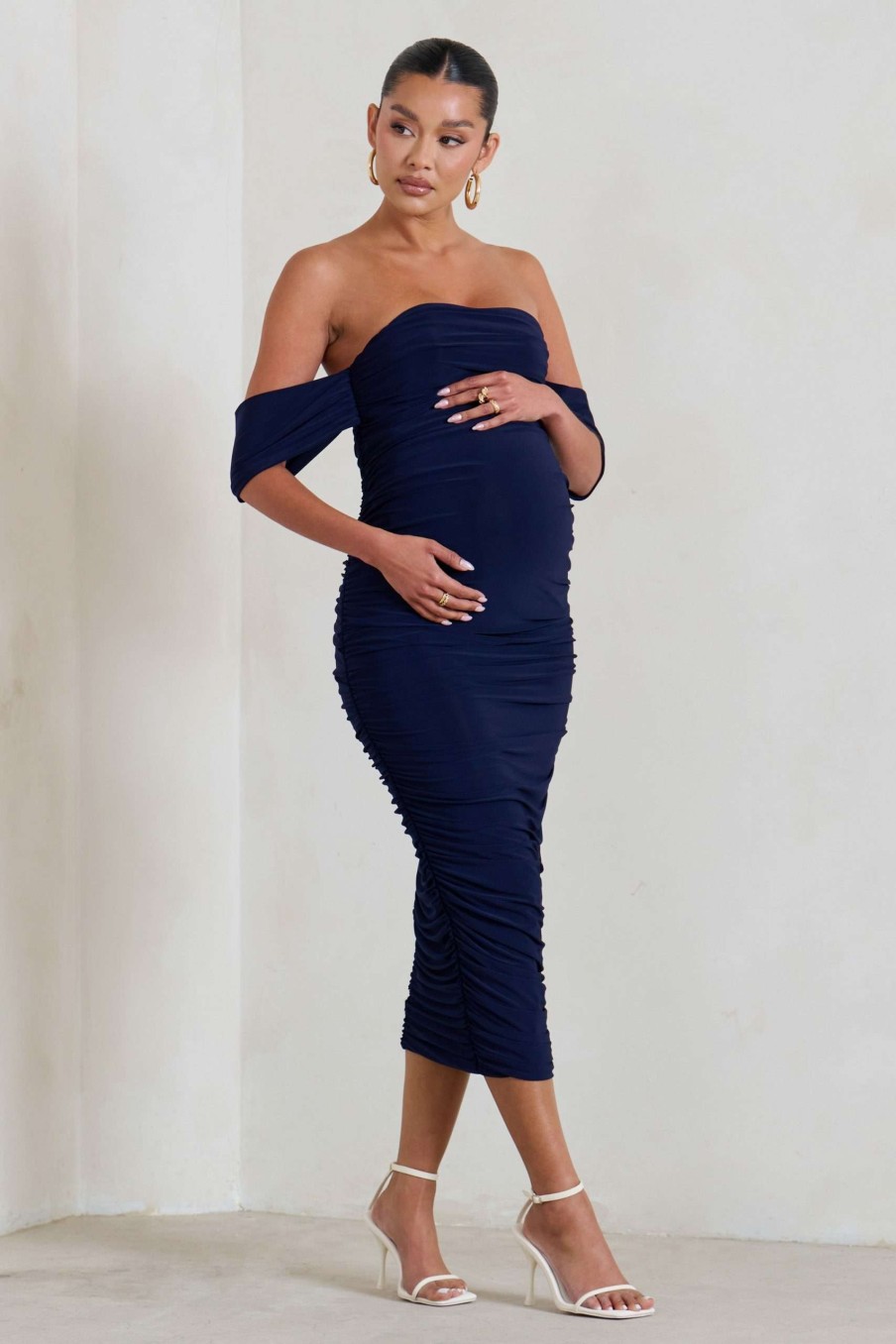 Maternity * | Plus One | Navy Ruched Bardot Midi Dress Club L London Top Selling