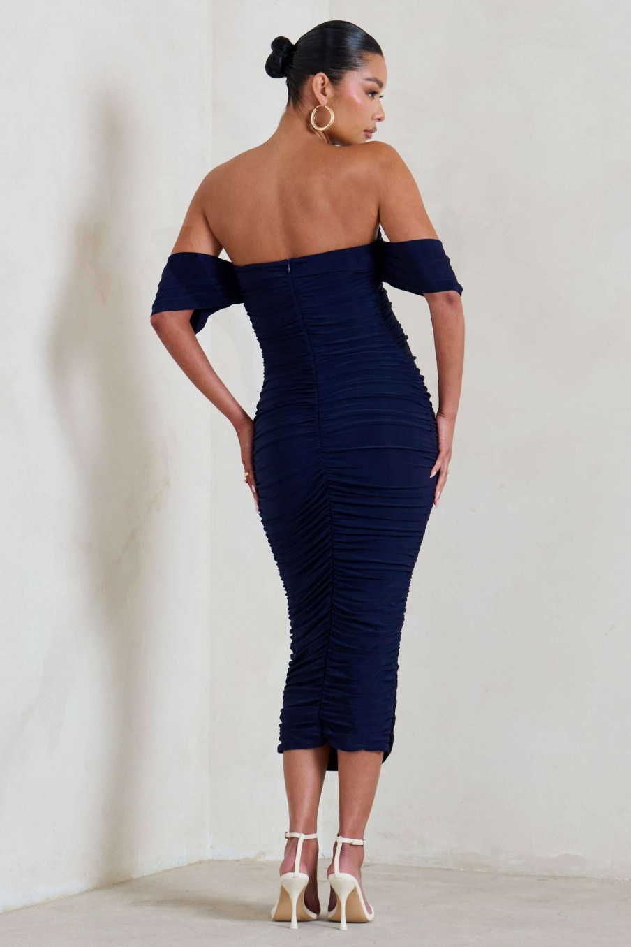 Maternity * | Plus One | Navy Ruched Bardot Midi Dress Club L London Top Selling