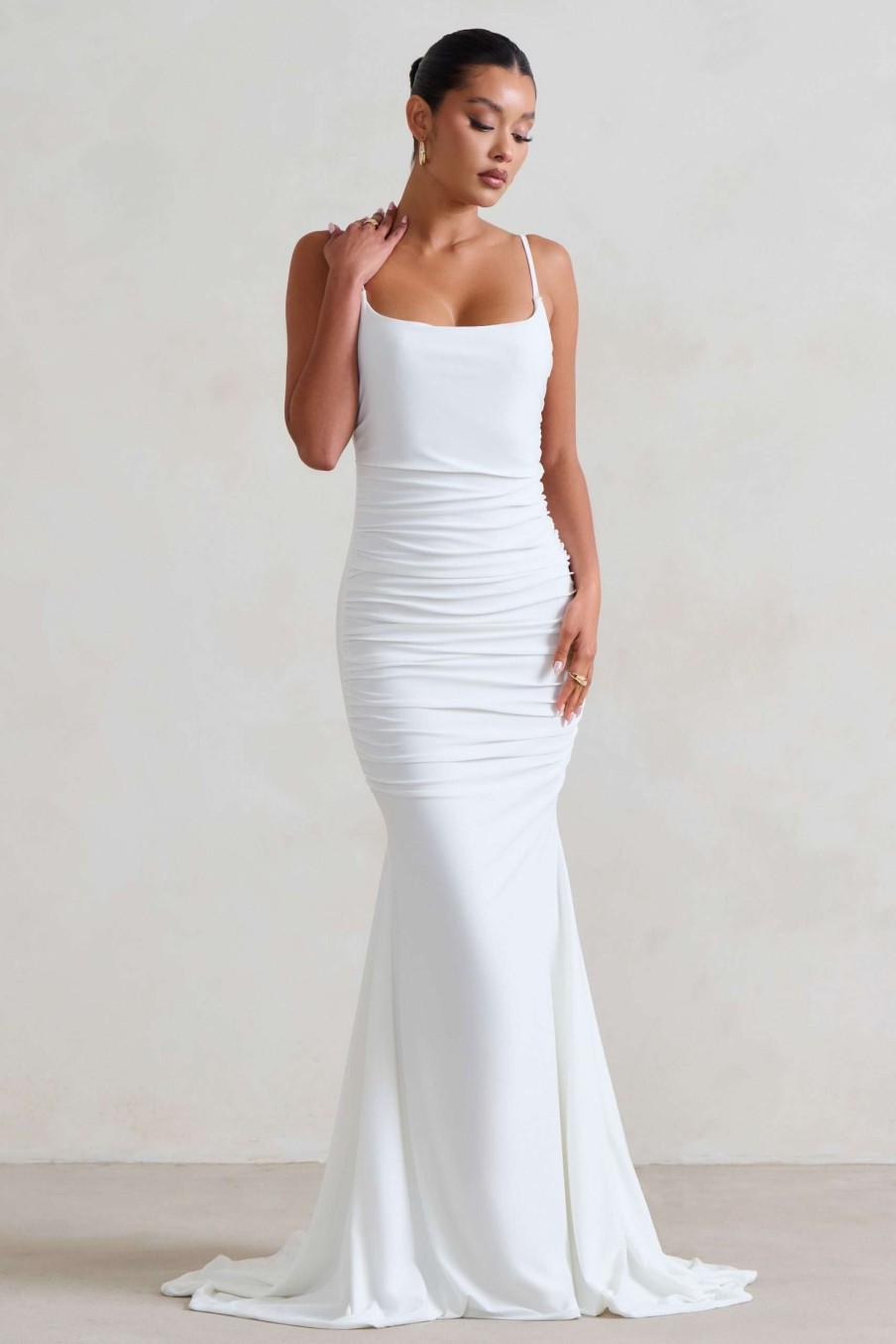 Dresses * | Adele | White Ruched Fishtail Cami Maxi Dress Club L London Cheaper