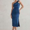 Dresses * | Steffie | Navy Asymmetric Satin Midi Dress Club L London Online Store