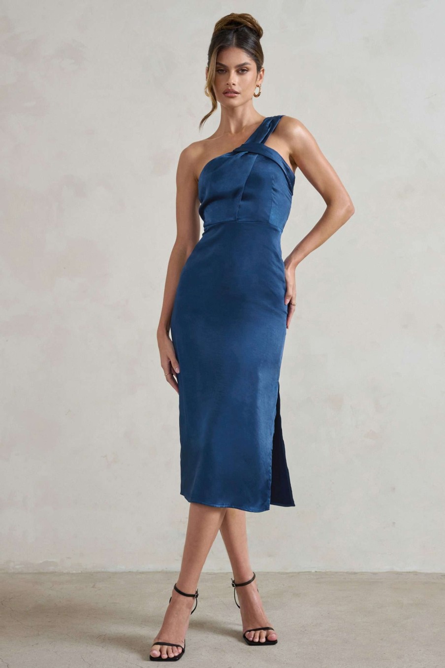 Dresses * | Steffie | Navy Asymmetric Satin Midi Dress Club L London Online Store