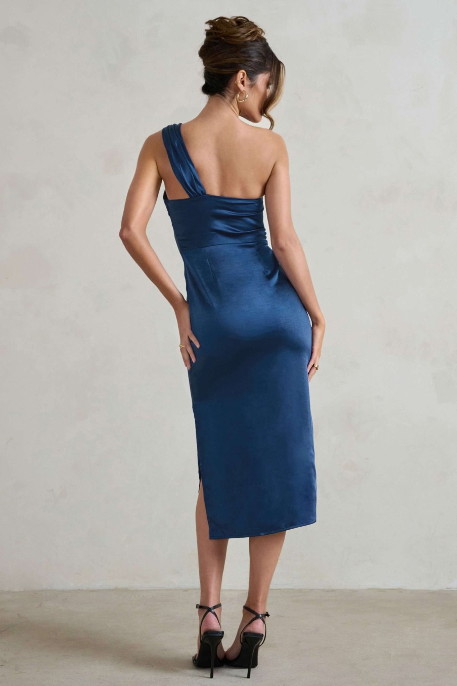 Dresses * | Steffie | Navy Asymmetric Satin Midi Dress Club L London Online Store