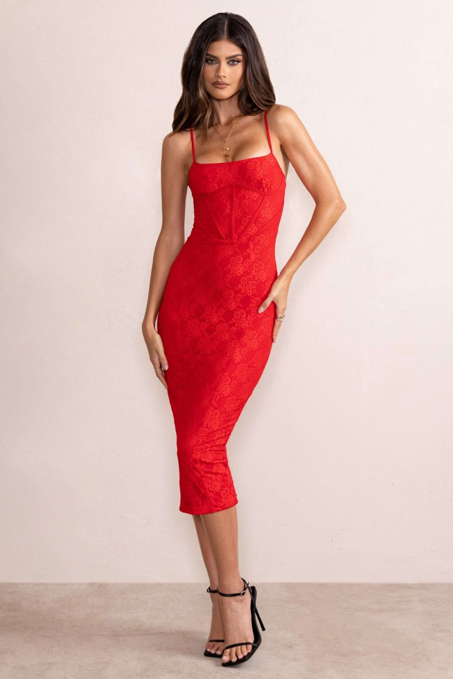 Dresses * | Anele | Red Lace Overlay Corset Midi Dress Club L London Special