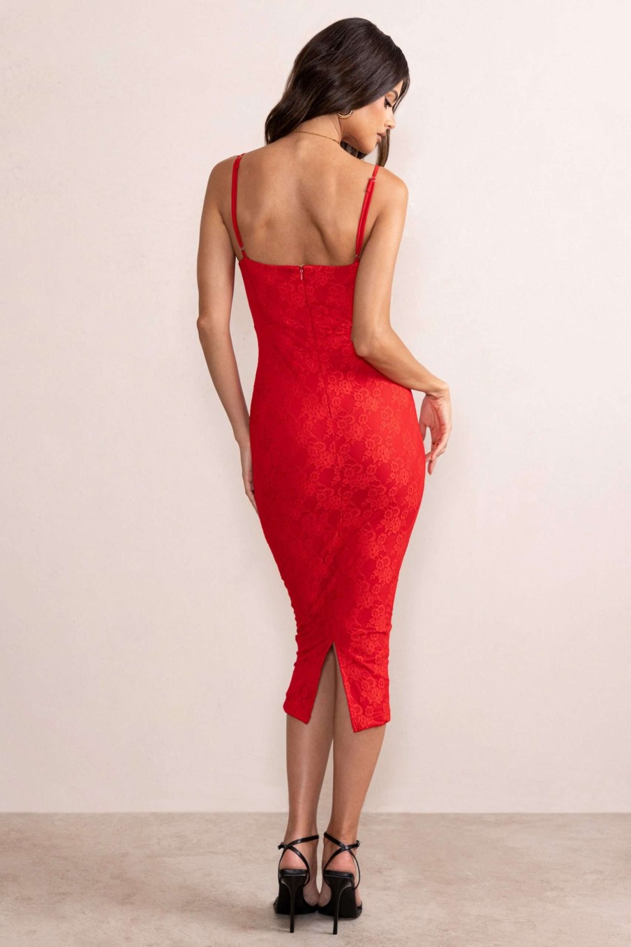 Dresses * | Anele | Red Lace Overlay Corset Midi Dress Club L London Special