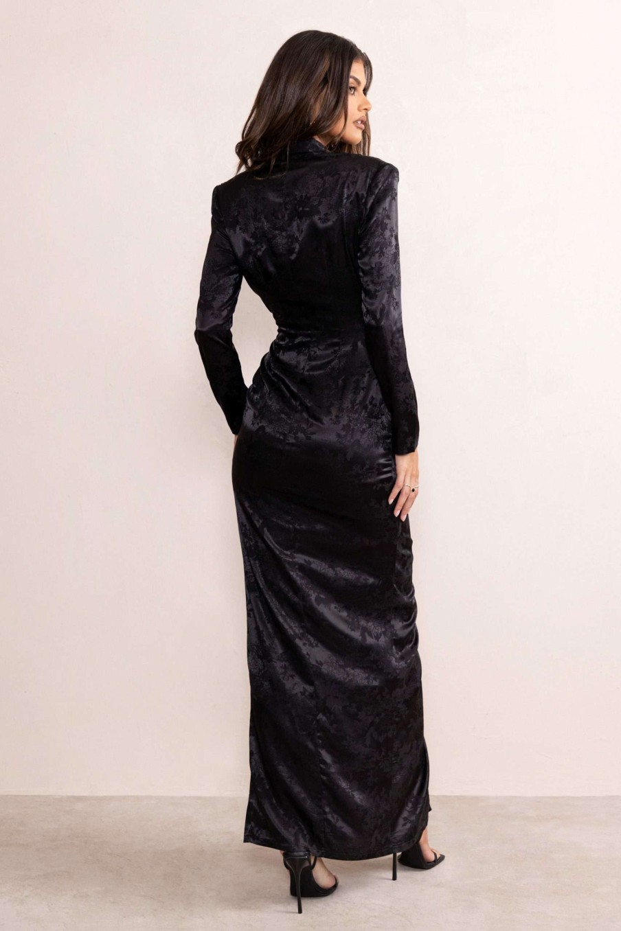 Dresses * | Skylar | Black Satin Jacquard Wrap Plunge Neck Long Sleeve Twist Detail Maxi Dress Club L London Top Sell