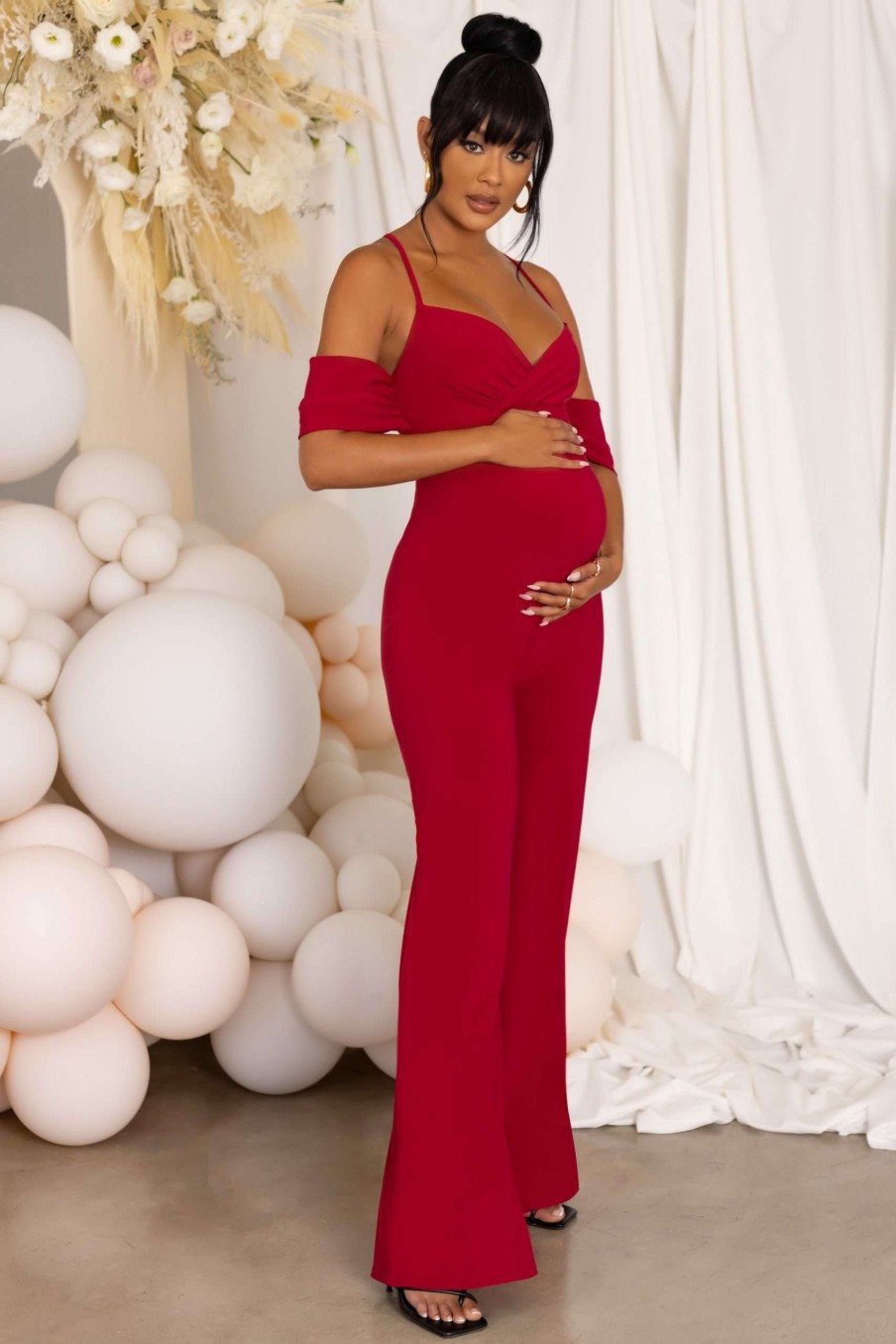 Maternity * | Special Surprise | Berry Maternity Draped Sleeve Jumpsuit Club L London Popular