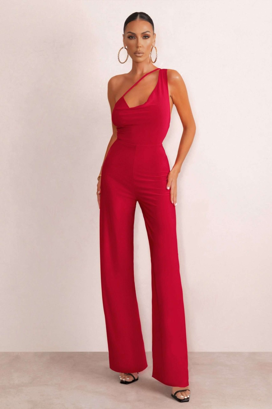 Clothing * | Vienna | Red Asymmetric Cowl Neck Wide Leg Jumpsuit With Open Back Detail Club L London Outlet