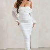 Dresses * | Announcement | White Bardot Mesh Ruched Maxi Dress Club L London Special