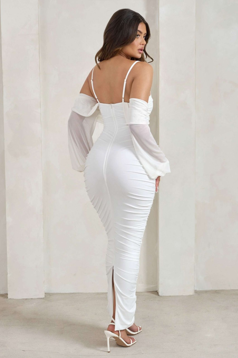 Dresses * | Announcement | White Bardot Mesh Ruched Maxi Dress Club L London Special