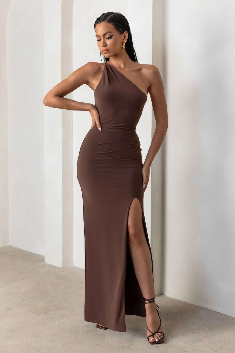 Dresses * | Dressing Up | Chocolate Brown One Shoulder Maxi Dress With Open Back Detail Club L London Outlet