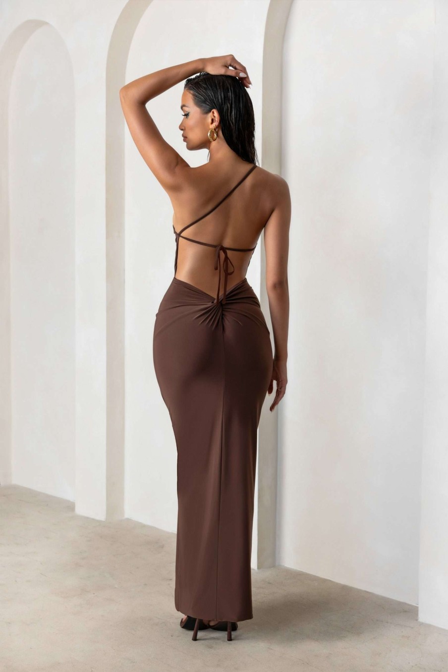 Dresses * | Dressing Up | Chocolate Brown One Shoulder Maxi Dress With Open Back Detail Club L London Outlet